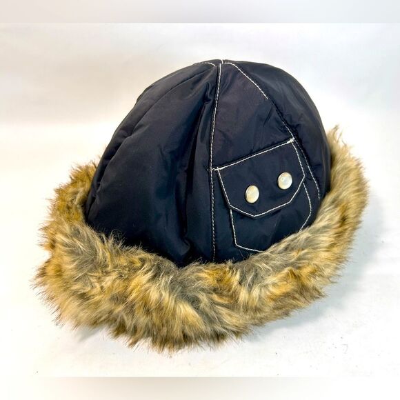 Quest Faux Fur Aviator Bomber Hat in Black Nylon and Brown Fur size M/L - Picture 1 of 15